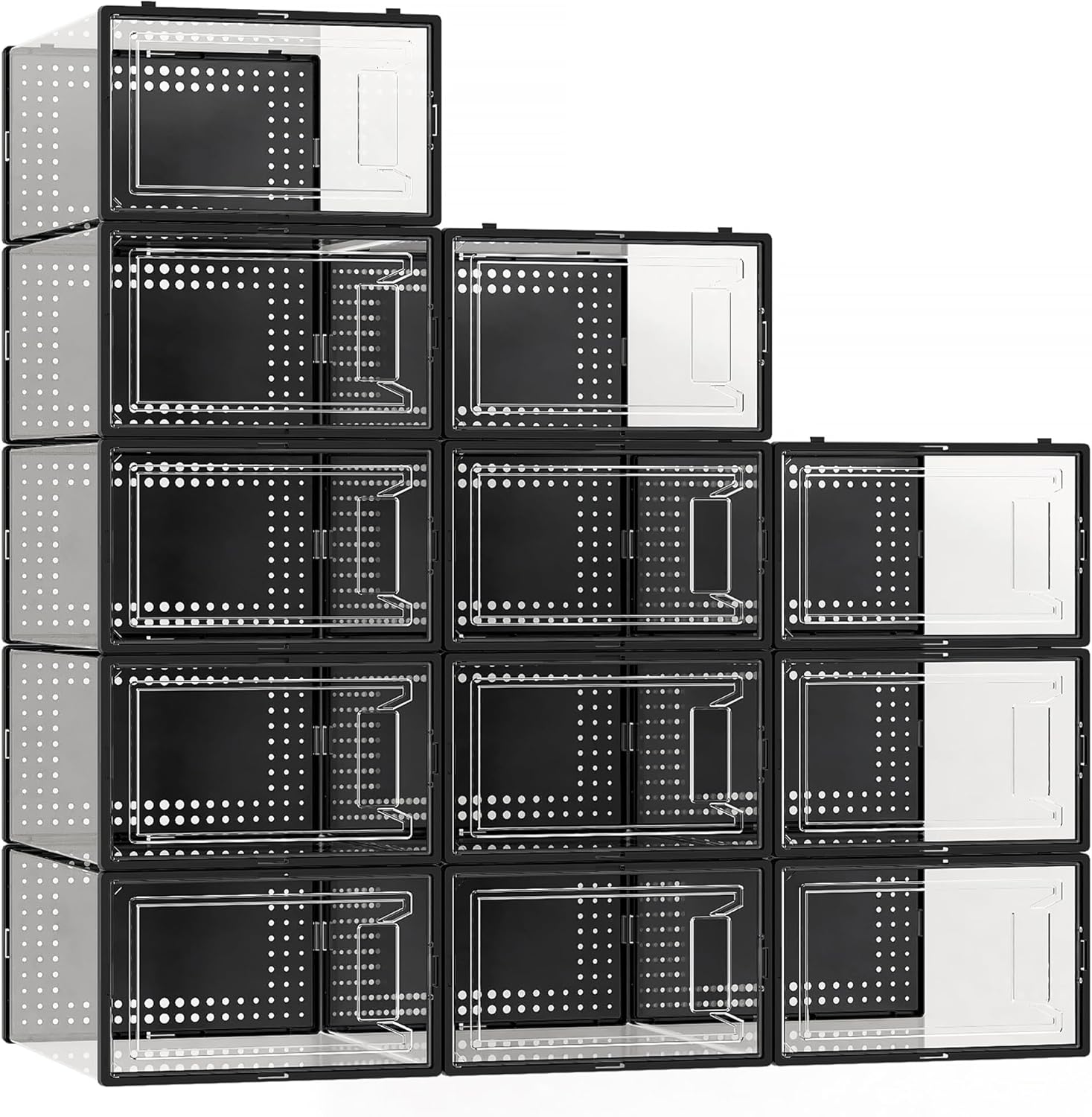 12 Pack X Large Shoe Storage Organizer for Closet, Modular Space Saving Shoe Boxes Clear Plastic Stackable Containers Display Case Bins with Lids, Black