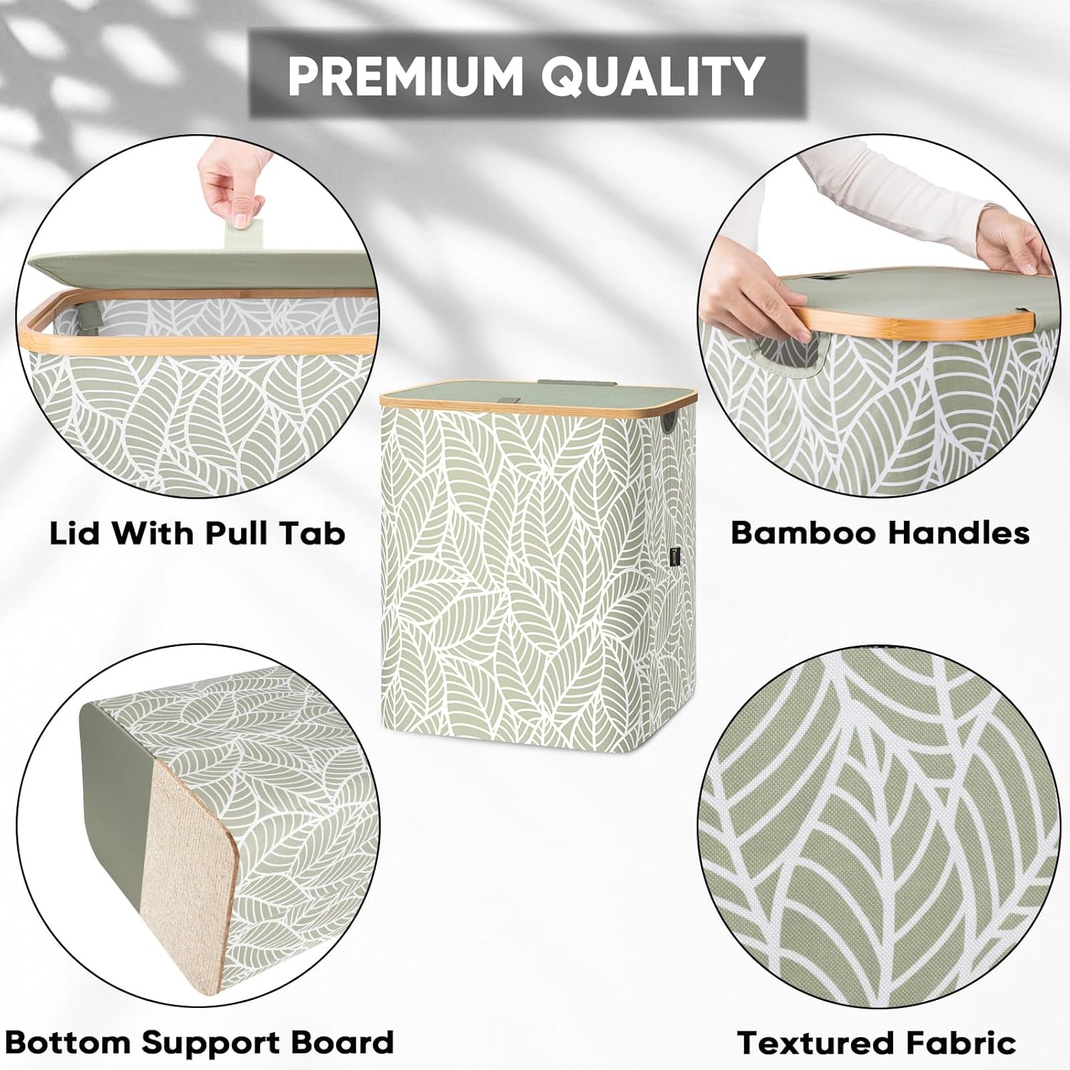 BALEINE Laundry Hamper with Lid, Tall Laundry Baskets with Bamboo Pull Handles, Large Laundry Bin with Internal Support (36 Gal/140L, Antique Foliage)