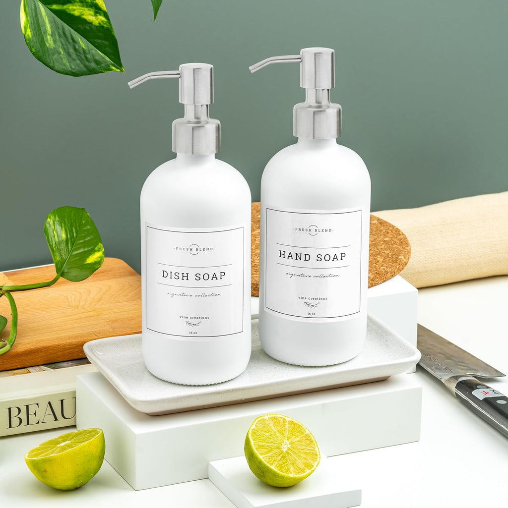 Vine Creations Glass Soap Dispenser, 2 Pack Kitchen Soap Dispenser Set with Ceramic Tray, Stainless Steel Pump, Dish Soap and Hand Soap Dispensers for Bathroom or Kitchen Decor with Waterproof Labels