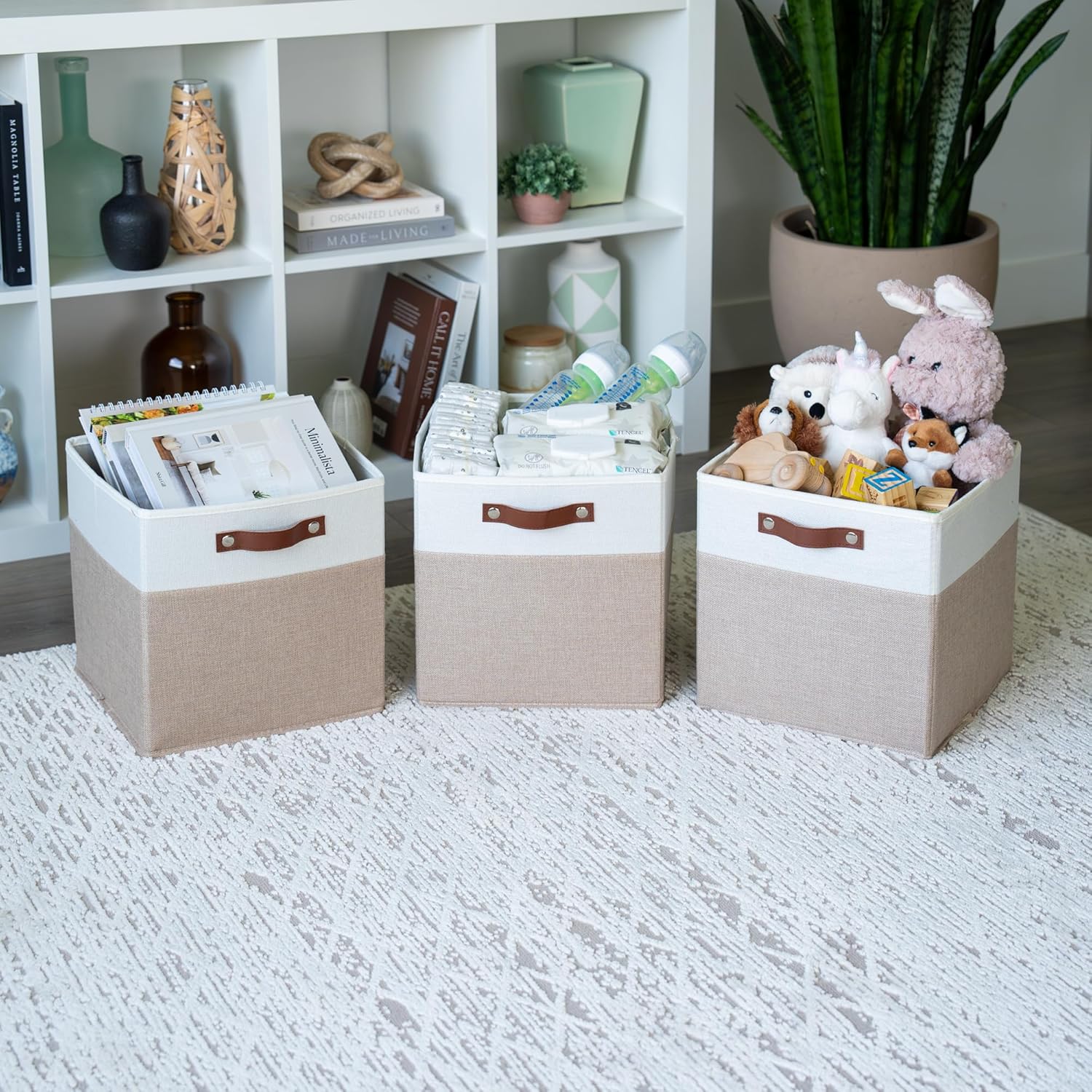 OrganiHaus 12x12 Fabric Storage Bins - Set of 4, Cube Fabric Organizer Bins with Vegan Handles, Kallax Storage Cubes, Cubbies Organizer Boxes, 12Inch Cubic Baskets for Shelves - Beige/White