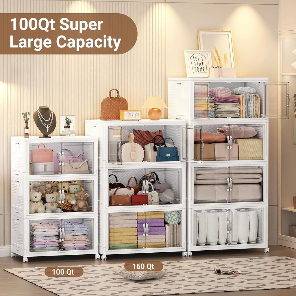 BROVIEW 300QT Extra Large Stackable Storage Bins, 75Gal Clear Plastic Closet Organizer Cabinet with Lid and Wheels, Collapsible Latch Boxes Folding Drawer with Door for Home Kitchen, V20 3Pack White