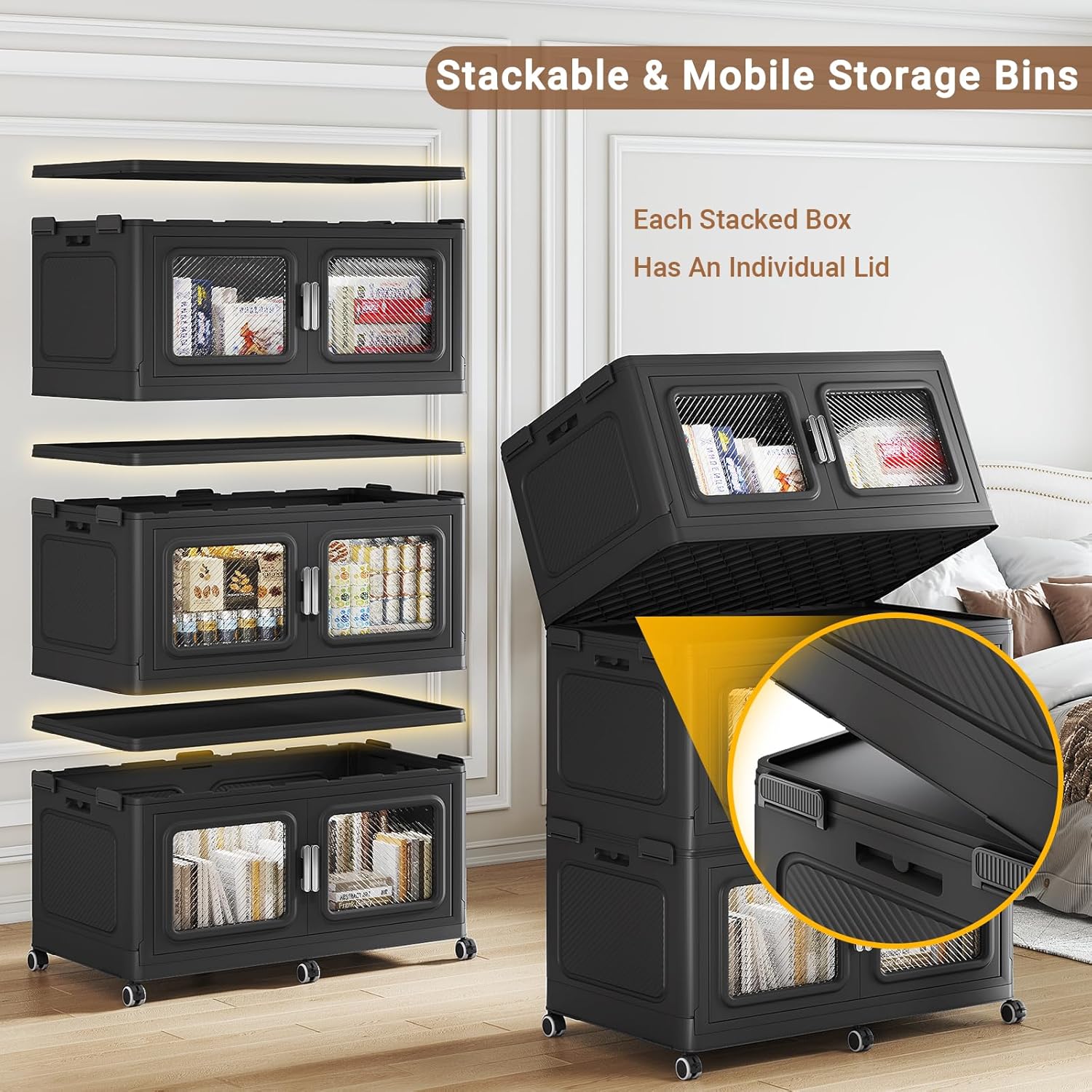 BROVIEW 1200 Qt Stackable Storage Bin with Lid, 300Gal Extra Large Collapsible Storage Boxes, Folding Plastic Drawer, Heavy-Duty Store Cabinet, Closet Organizer for Home Kitchen, 4 Pack Black