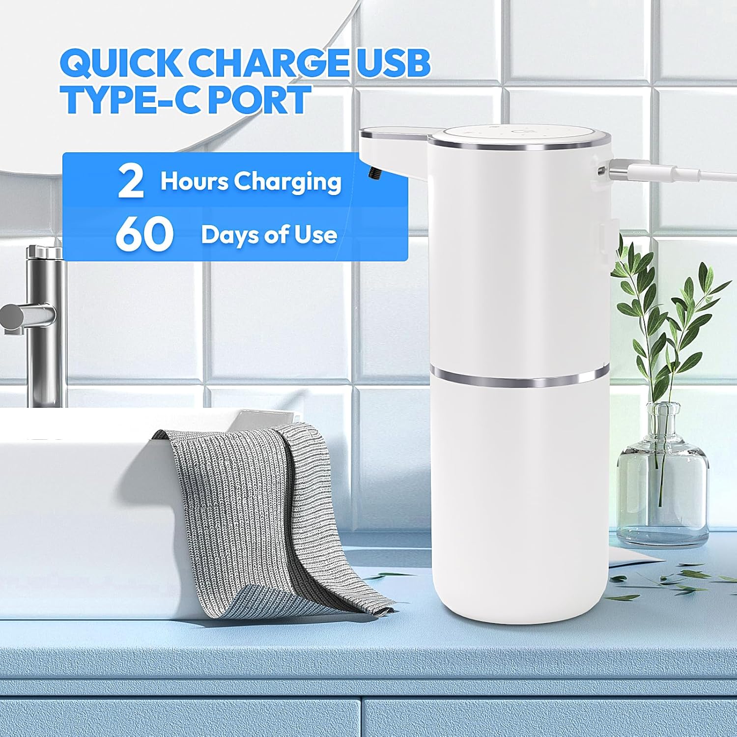 2 Pack Automatic Soap Dispenser Touchless,Liquid Hand Soap Dispenser 12.8oz USB 4levels Adjustable Dispenser Electric Wall Mounted Smart for Bathroom and Kitchen Dish Soap，Easy for Toddlers(White)