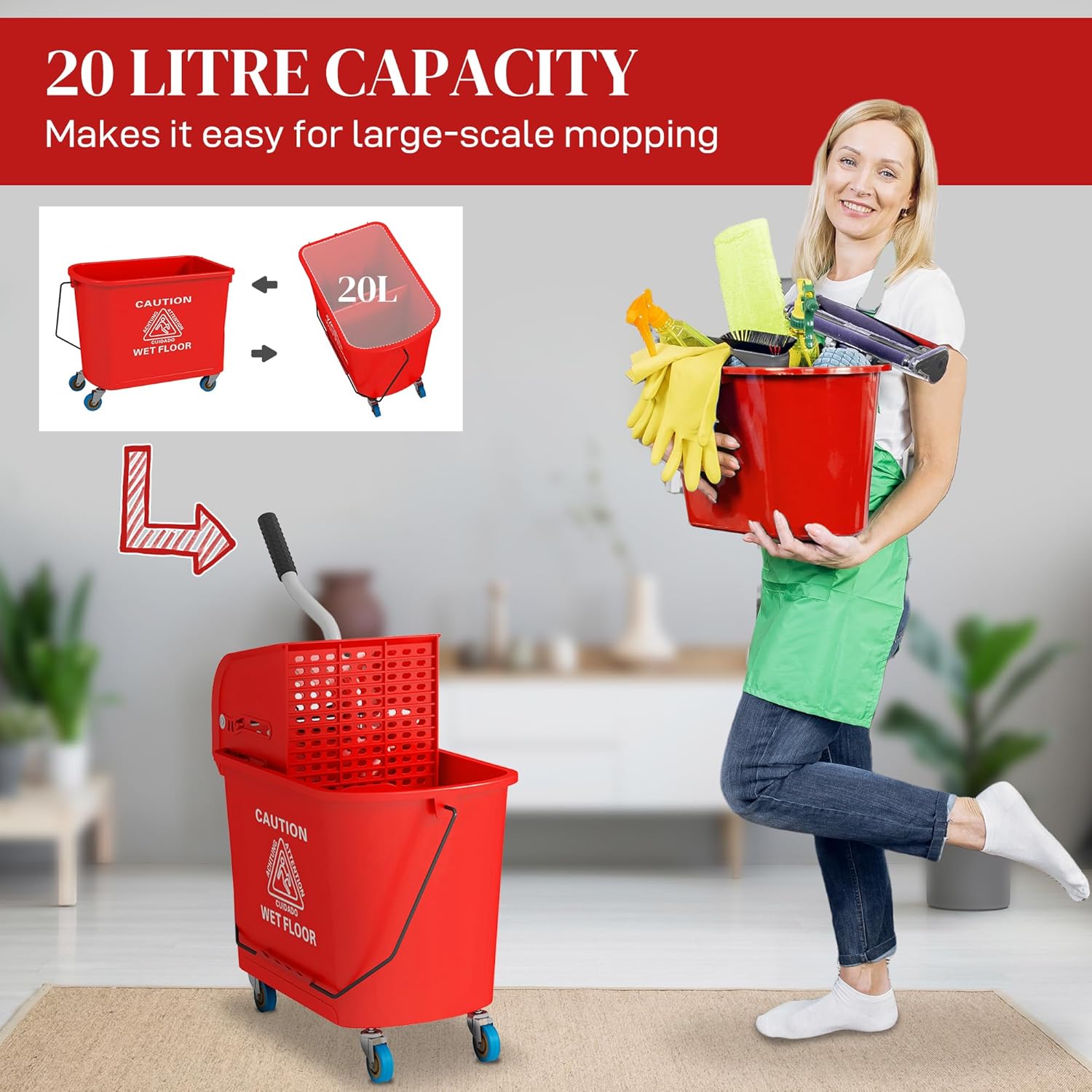 HOMCOM Compact Mop Bucket with Wringer on Wheels for Floor Cleaning, 21 Quart, Separate Dirty and Clean Water, for Home, Apartment, Red