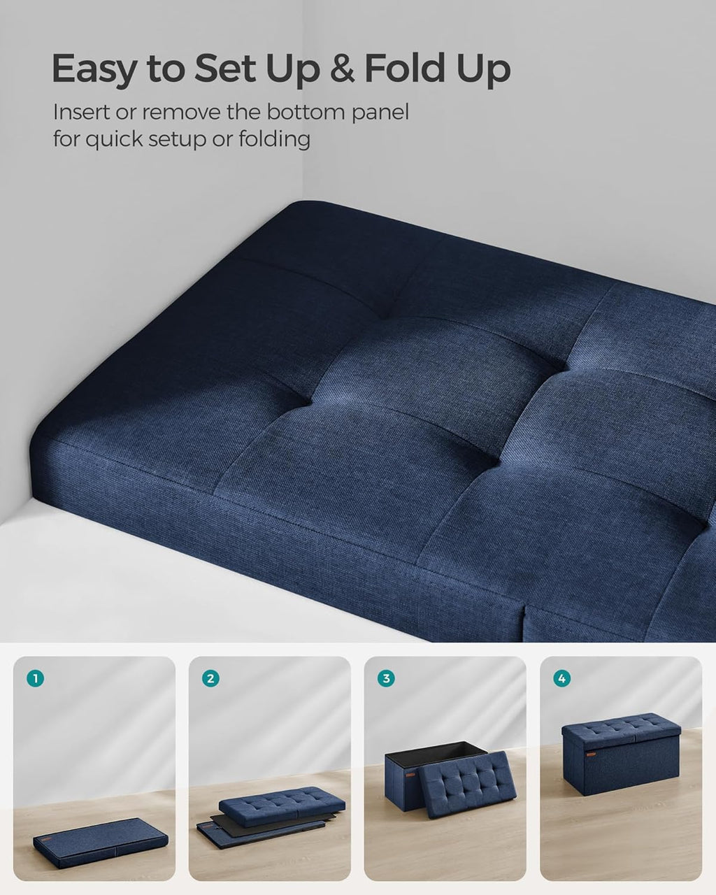 SONGMICS Mazie Collection - 30 Inches Storage Ottoman, Foldable Storage Bench with Flipping Lid, 660 lb Load Capacity, for Entryway, Living Room, Bedroom, Midnight Blue ULSF046Q02