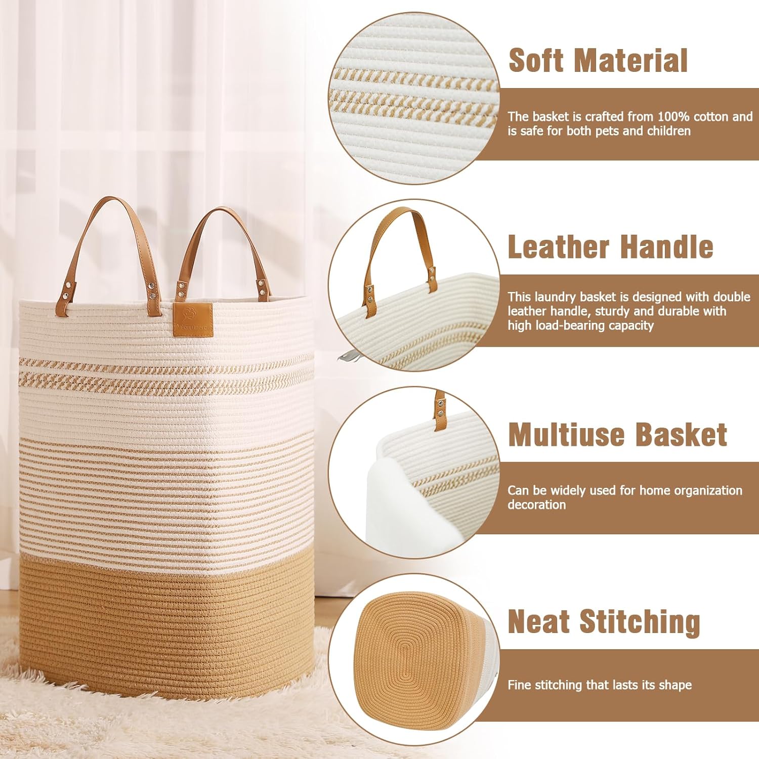 danpinera 100L Nursery Hamper, Tall Woven Laundry Basket with Long Leather Handles, Boho Laundry Hamper for Living Room & Bedroom, Eco-friendly & Convenient Decorative Storage Basket White & Jute