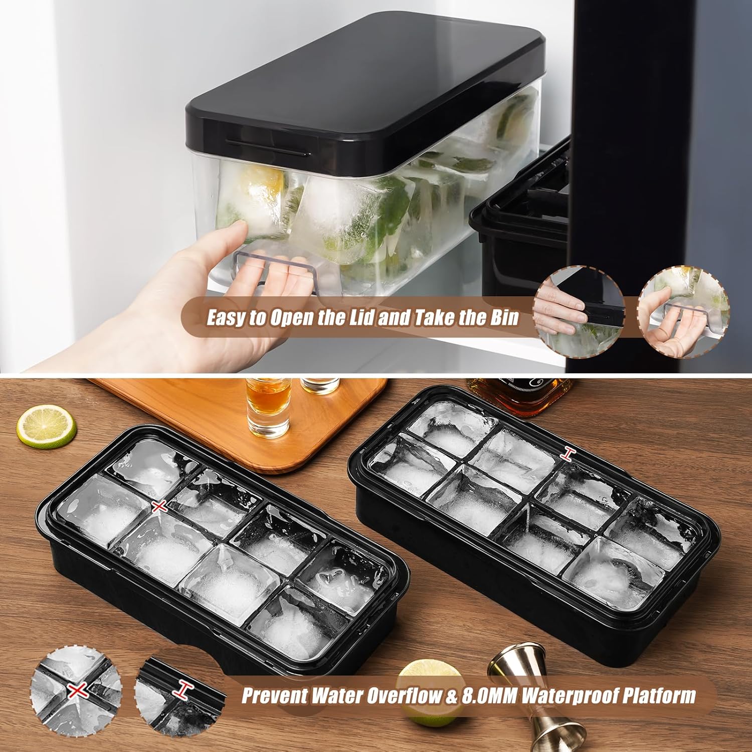 PHINOX Large Ice Cube Tray with Lid and Bin, Ice Trays for Freezer, 2 INCH Whiskey Ice Cubes Mold, 2*8 pcs Square Ice Cube Mold with Tong, Easy to Release, Large Ice Tray for Whiskey Cocktail Bourbon