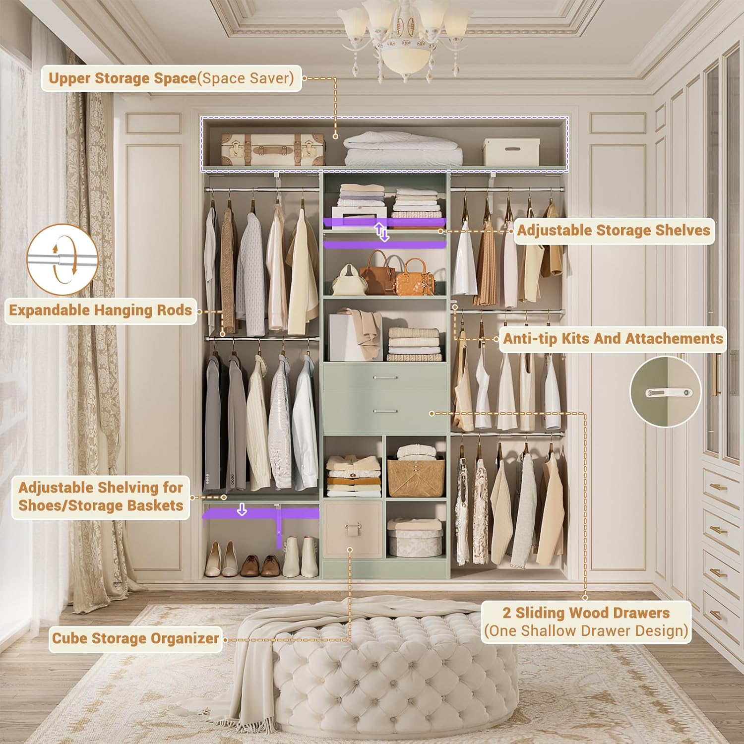 5FT Small Closet System, Baby Closet Organizer System with Wooden Drawers, 60 Inches Walk in Closet System with 5 Hanging Rods and 3 Reversible Hanging Shelving, Crab Green