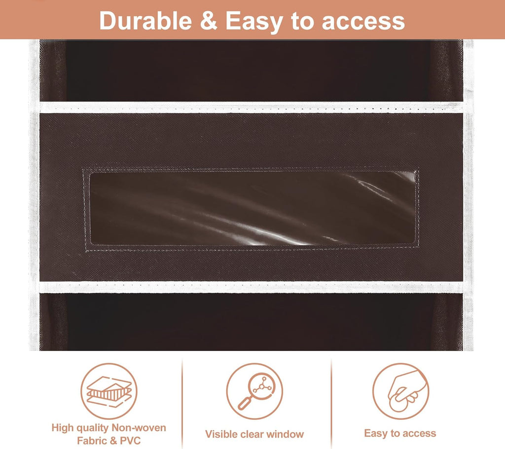 2 Packs 5-Tier Over the Door Storage Organizer with 10 Side Mesh Pockets, 48 lbs Load Capacity, 3 Hooks Design, Hanging Organizer with Clear Windows for Bathroom, Bedroom, Nursery, Kitchen-Brown