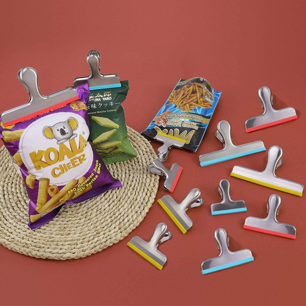 HOUSE AGAIN 12 Pack 3 Sizes Stainless Steel Chip Bag Clips Covered with Silicone - NO More Sharp Edges - Air Tight Seal Bag Clips, 5 Inches, 3 Inches and 2.5 Inches