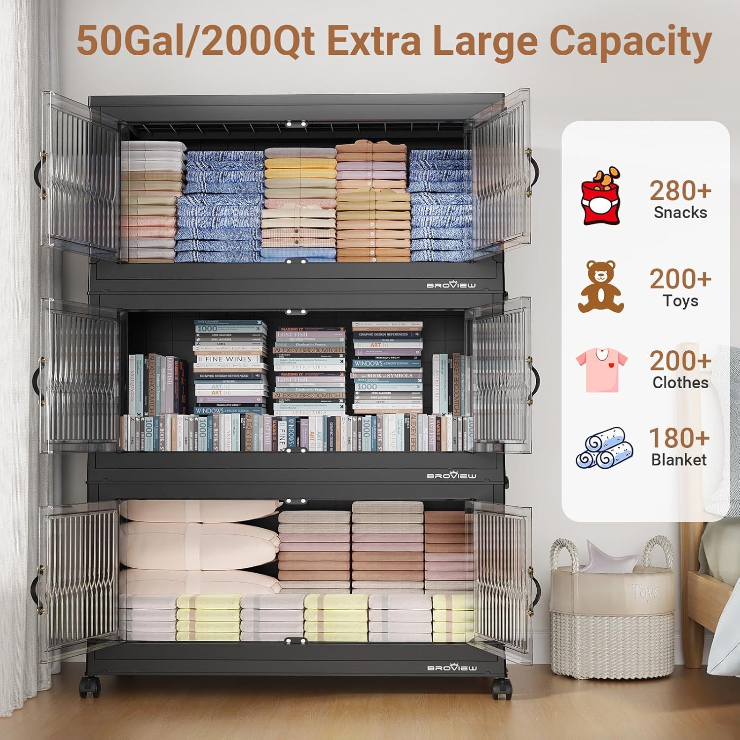 BROVIEW 800Qt Extra Large Stackable Storage Bins with Lid, Closet Organizer Collapsible Drawer Boxes with Wheels, Folding Plastic Cabinet Containers for Home Kitchen Room Organization, 4Pack Black