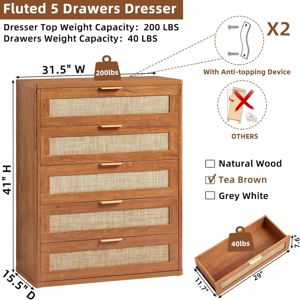 LEYAOYAO Rattan Dresser for Bedroom Set 2, 41" Tall Chest of Drawers, Modern 5 Drawers Boho Dressers with Storage, Light Oak Dresser Wooden Closet Organizer for Living Room, Hallway, Tea Brown