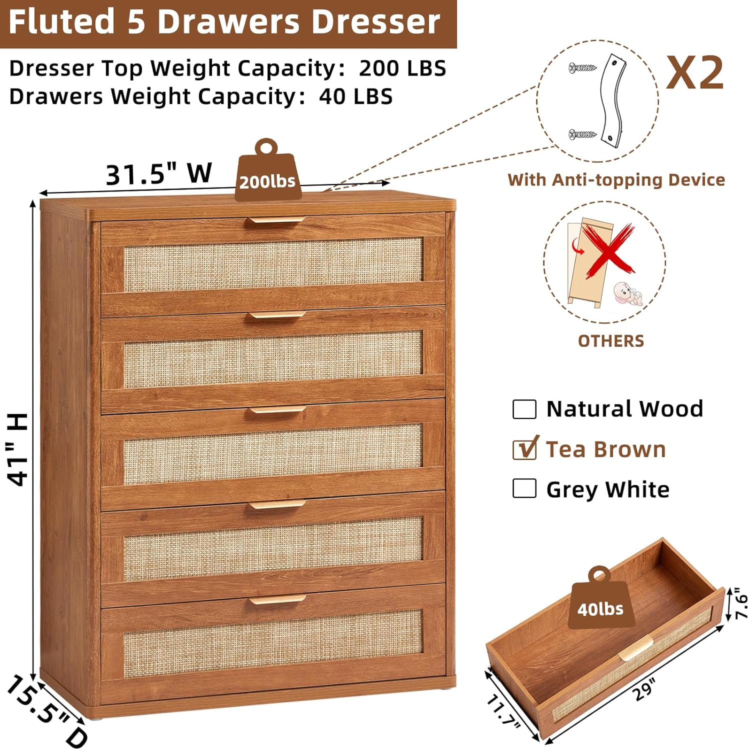 LEYAOYAO Rattan Dresser for Bedroom Set 2, 41" Tall Chest of Drawers, Modern 5 Drawers Boho Dressers with Storage, Light Oak Dresser Wooden Closet Organizer for Living Room, Hallway, Tea Brown