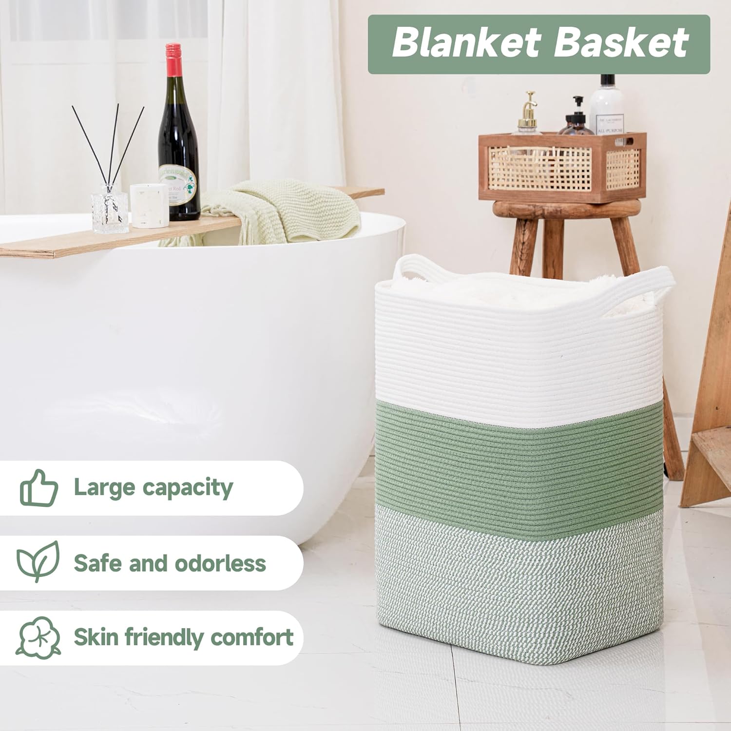 CLHMILY&Z 75L Laundry Basket Rectangular Green Rope - 16x13x22 Inches - Dirty Clothes and Soft Storage Bin for Blankets, Toys, and Nursery Essentials