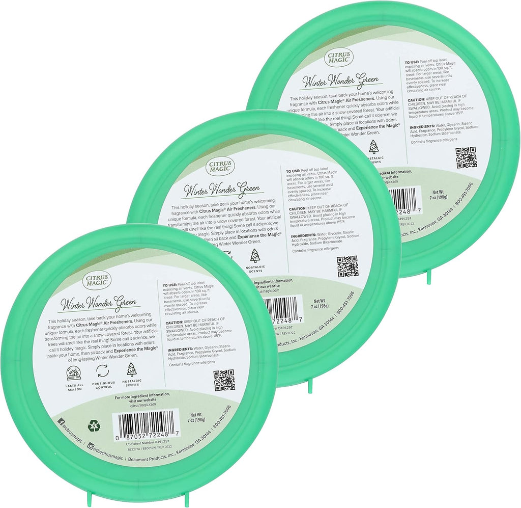 Citrus Magic Holiday Odor Absorbing Solid Air Freshener, Winter Wonder Green, 7-Ounce, Pack of 3