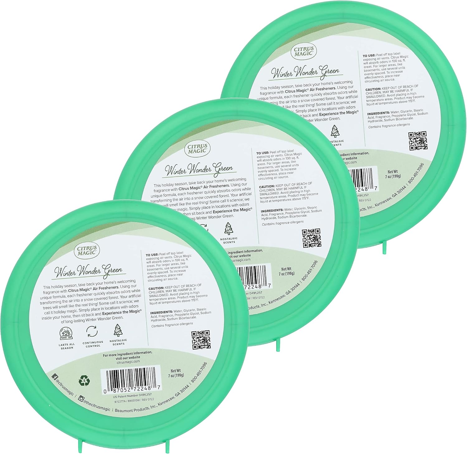Citrus Magic Holiday Odor Absorbing Solid Air Freshener, Winter Wonder Green, 7-Ounce, Pack of 3