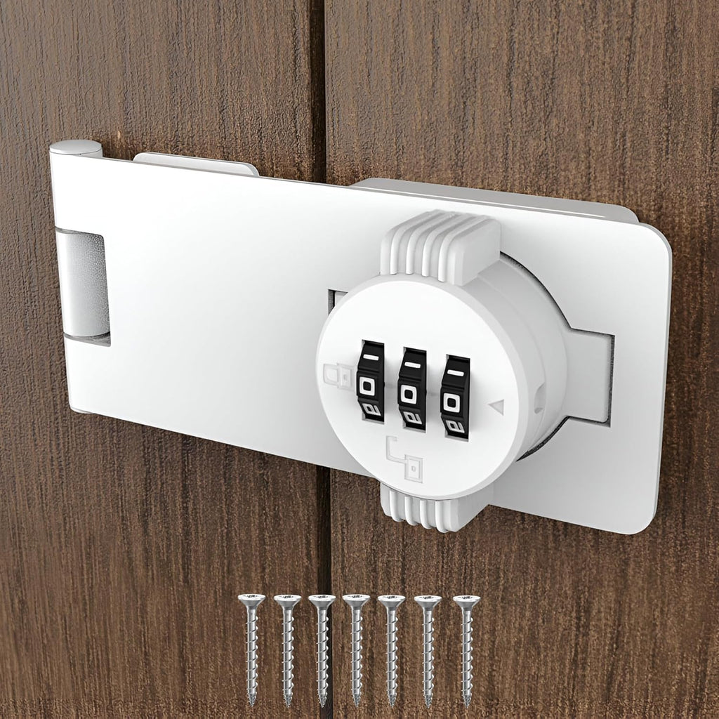 Keyless Combination Lock - 3-Digit Combination Lock for Doors - Twist Knob Hasp Latch Lock with Password Code - Zinc Alloy Door Latch for Kitchen Drawers, Cabinets, Cupboard (White)