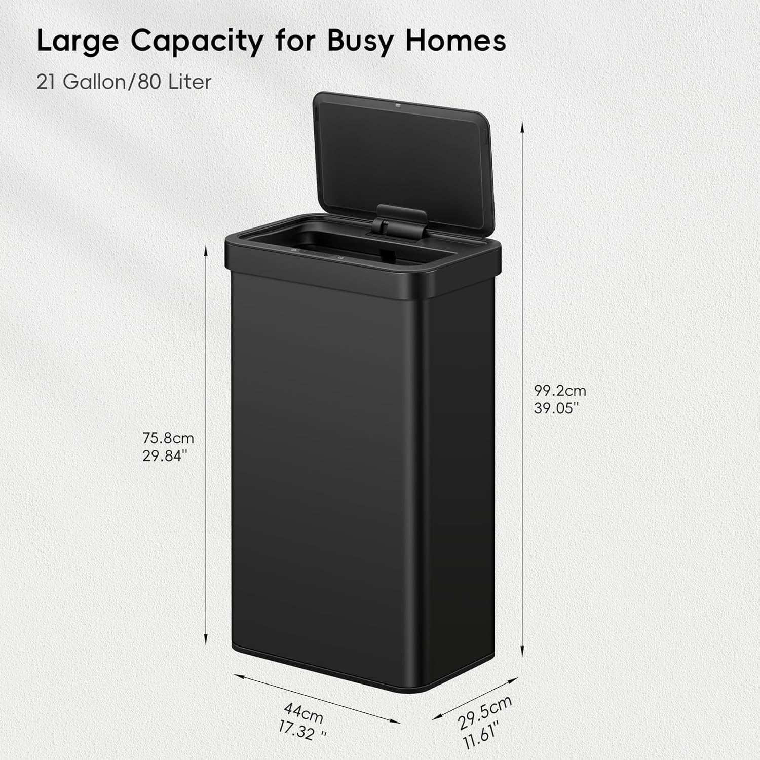 EKO Nova Sensor Trash Can, 21 Gallon/80 Liter Stainless Steel Rectangular Touchless Motion Sensor Trash Can, Matte Black