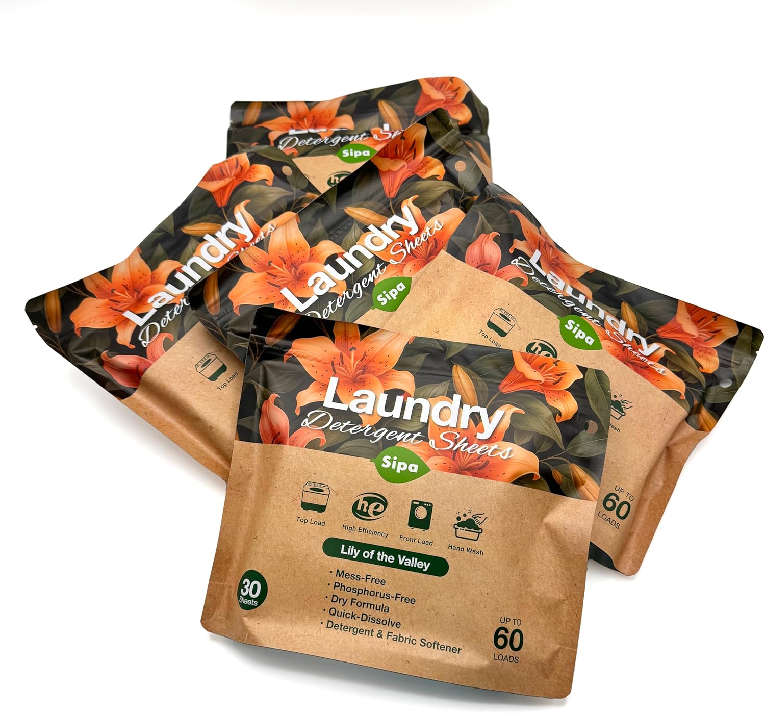Pack of 5 SIPA Laundry Detergent Sheets Bag - 30 Sheets, Up to 60 Loads, Lily of the Valley Scent, Phosphorus-Free, High Efficiency, (30 Count (Pack of 5))