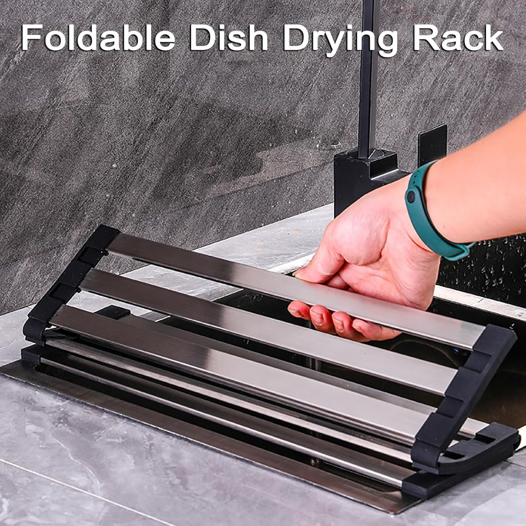 Foldable Dish Drying Rack for Kitchen Sink, Over The Sink Dish Drying Rack, Counter Storage Rack, Stainless Steel Drainer