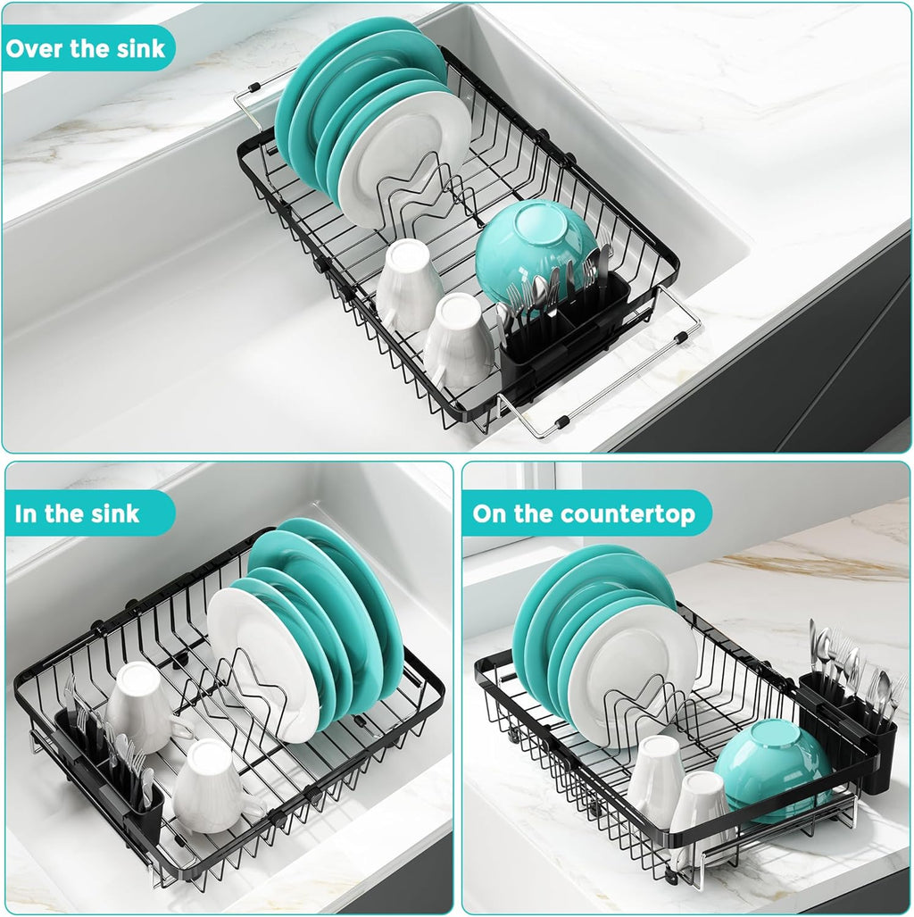 Small Expandable Over The Sink Dish Drainer Drying Rack In Stainless Steel Metal For Kitchen, Counter Space Saving Black Compact Above Plate Dryer Strainer, Adjustable Hanging Inside Sink Drain Holder