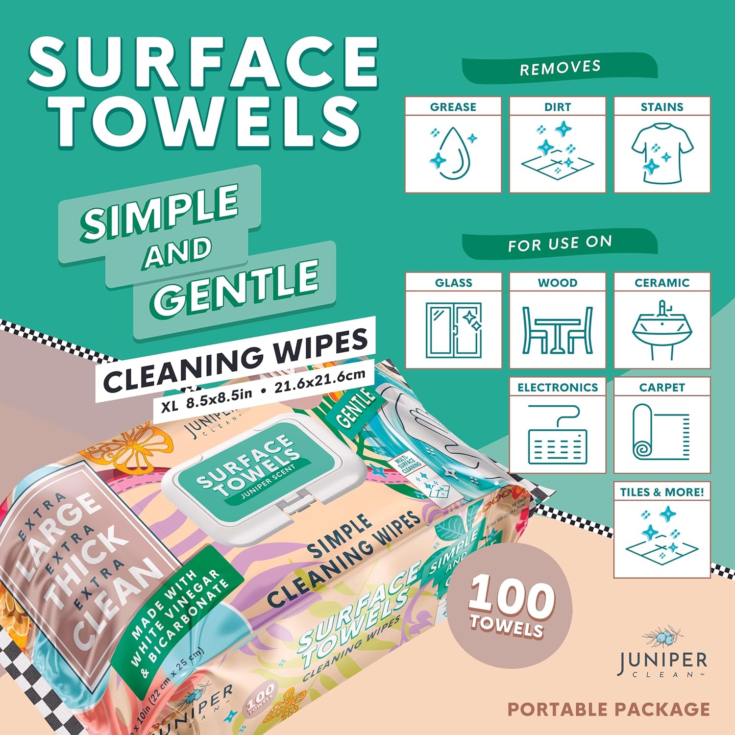 3 Packs Surface Cleaning Wipes Bleach Free, Thick & Large Dispose, All-Purpose Cleaner for Bathroom, Kitchen, Office, 300 Count Soft Flow, Biodegradable, Juniper Scent