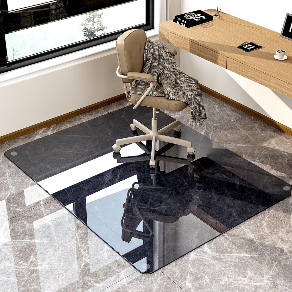 GLSLAND 46" × 55" [Tempered Glass] Chair Mat – Durable Office Chair Mat on Carpet with 0.2" Thickness, 4 Non‑Slip Pads, Sleek & Sturdy Matte Gray Finish, Smooth Glide & Easy Clean, Blue & Grey