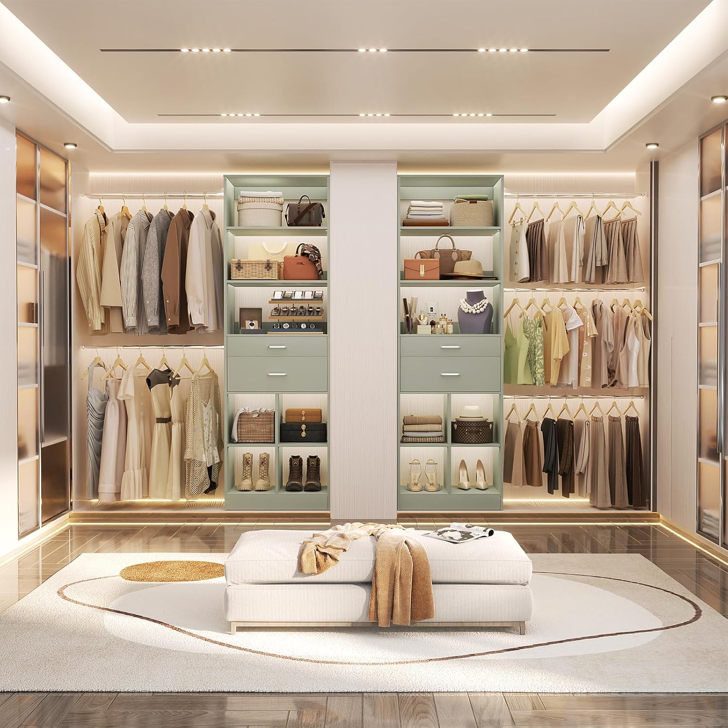 Closet System, 4-8 FT Closet Organizer Tower with 2 Wooden Drawers and Shelves, Can Fit 60 to 96 inch Walk-in Closet System with 5 Hang Rods, Built-in, Crab Green