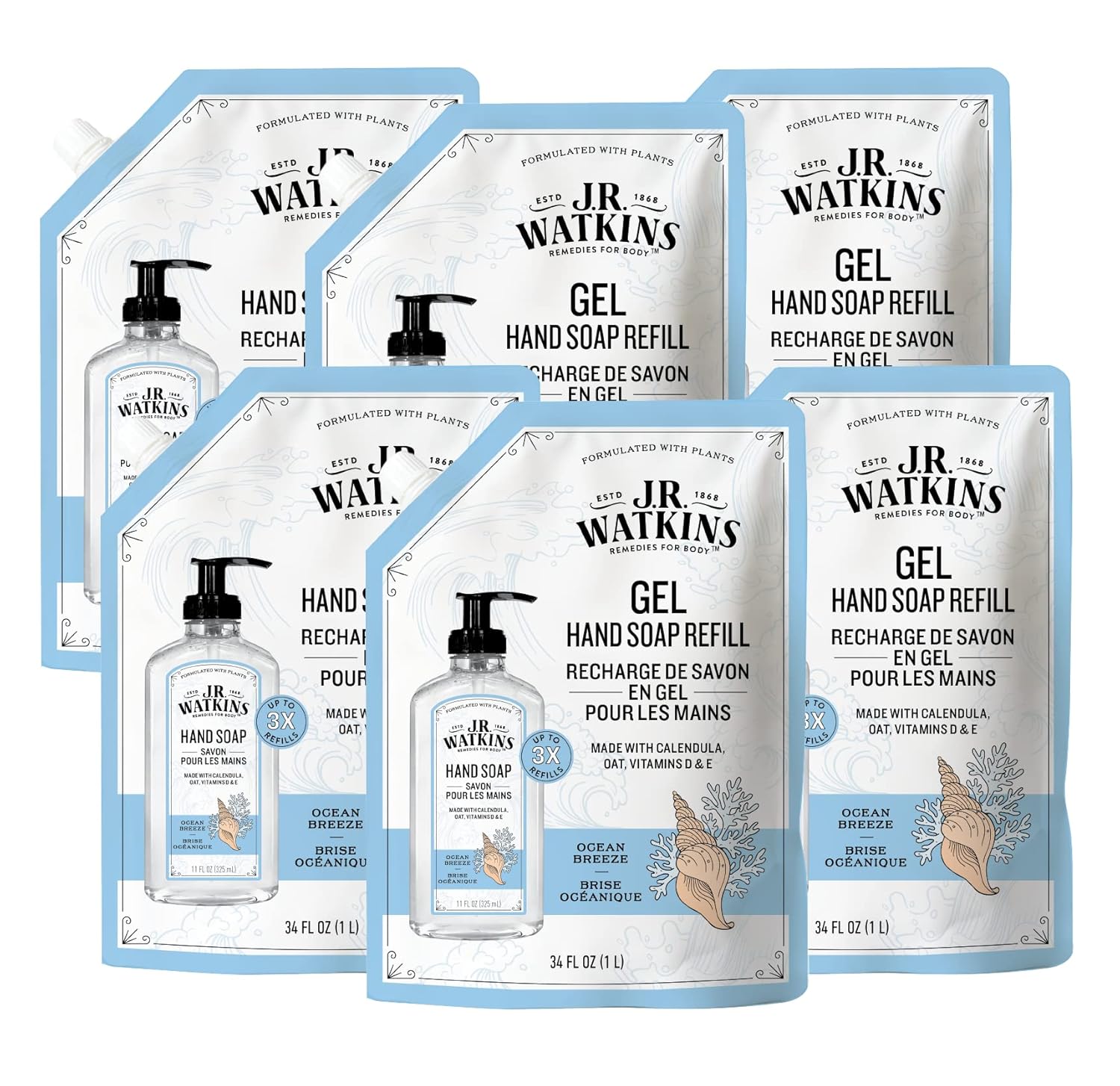 J.R. Watkins Gel Hand Soap Refill Pouch, Scented Liquid Hand Wash for Bathroom or Kitchen, USA Made and Cruelty Free, 34 fl oz, Ocean Breeze, 6 Pack