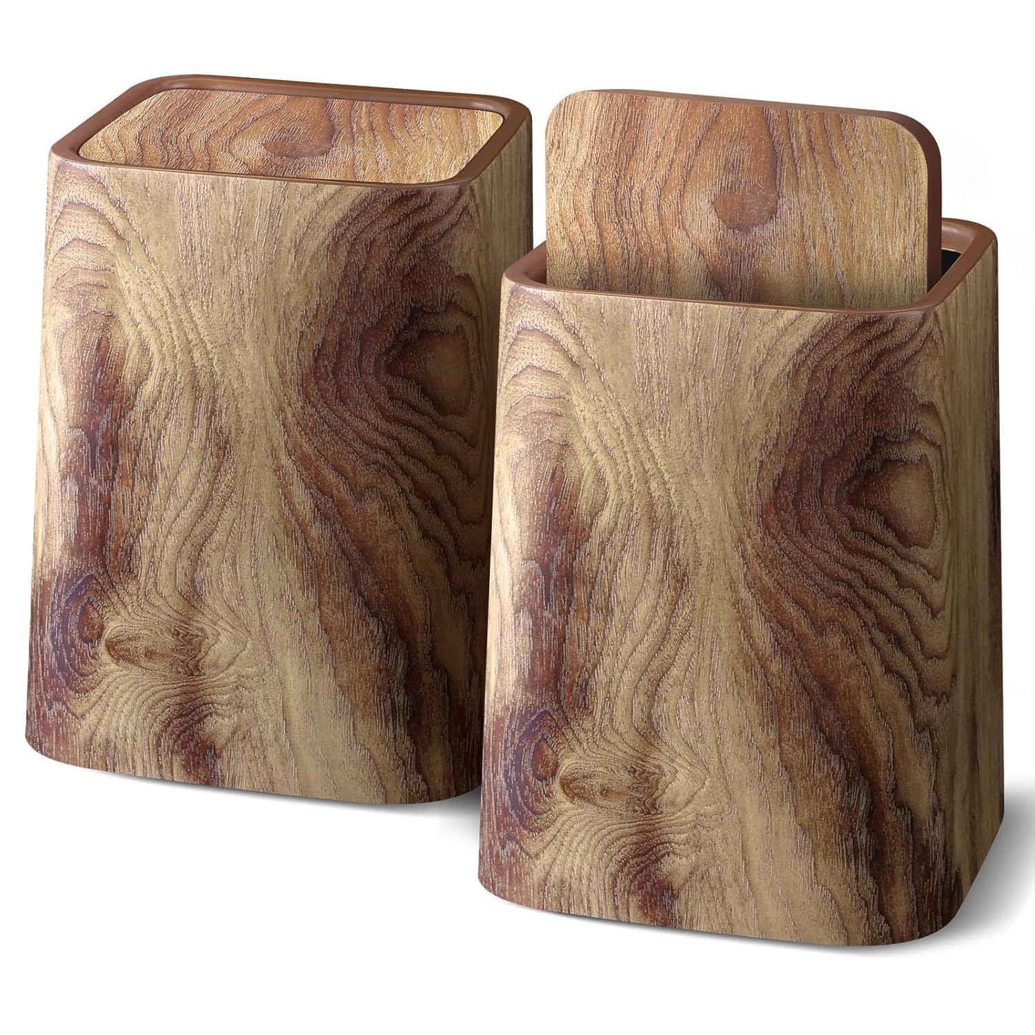 Wood Grain Plastic Trash Can Swing Top Lid, 4Gal/15L Farmhouse Wastebasket Bin Retro Style with Inner Bucket, Bathroom Trash Can Hidden Bag for Room Aesthetic, Square Brown Garbage Can 2pack