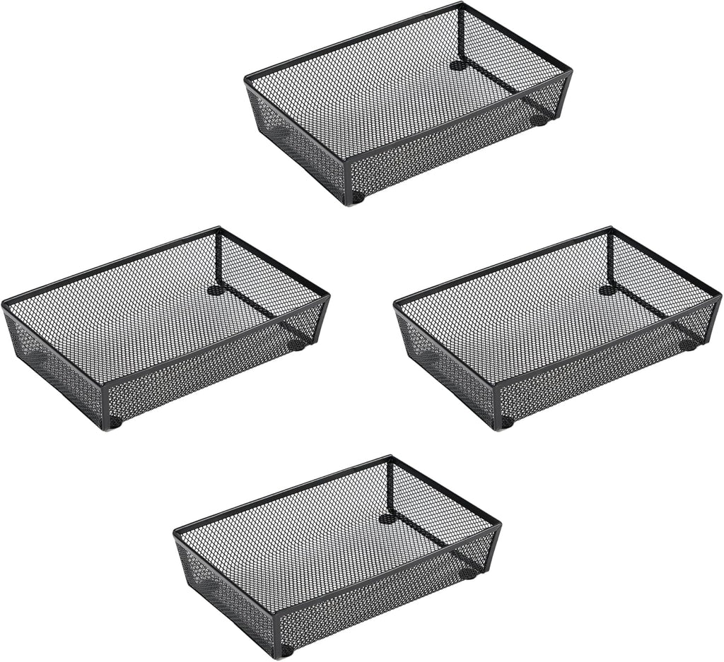 BYCY Silverware Drawer Organizer, Mesh Utensil Organizer for Kitchen Storage, Black Steel Metal Mesh Tray for Flatware Fork Spoon Knife (9x6-4P-Black)