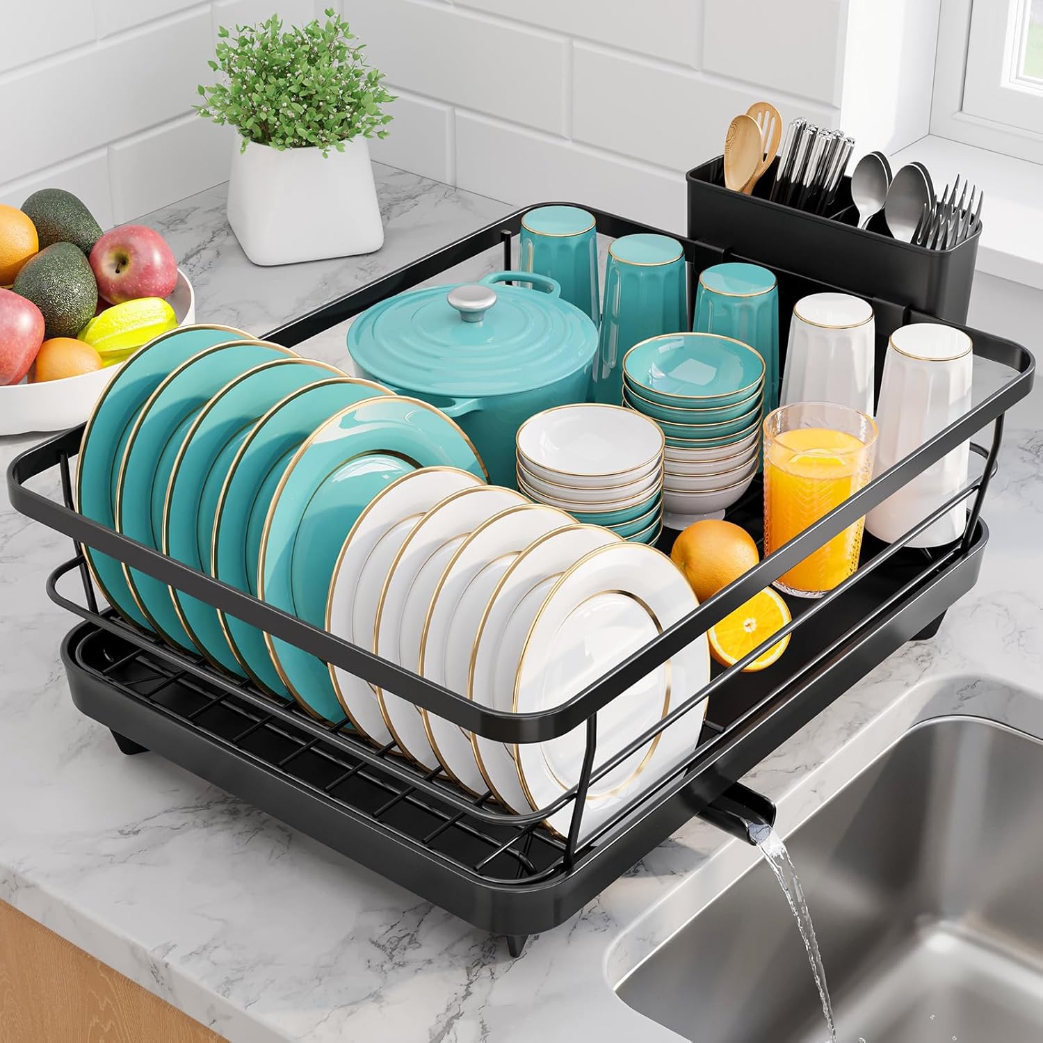 Stainless Steel Dish Drying Rack for Kitchen Counter, Sink Organization and Storage Essentials with Silverware & Utensil Holder, Home and Apartment Decor, 12''W x 15.6''L, Black