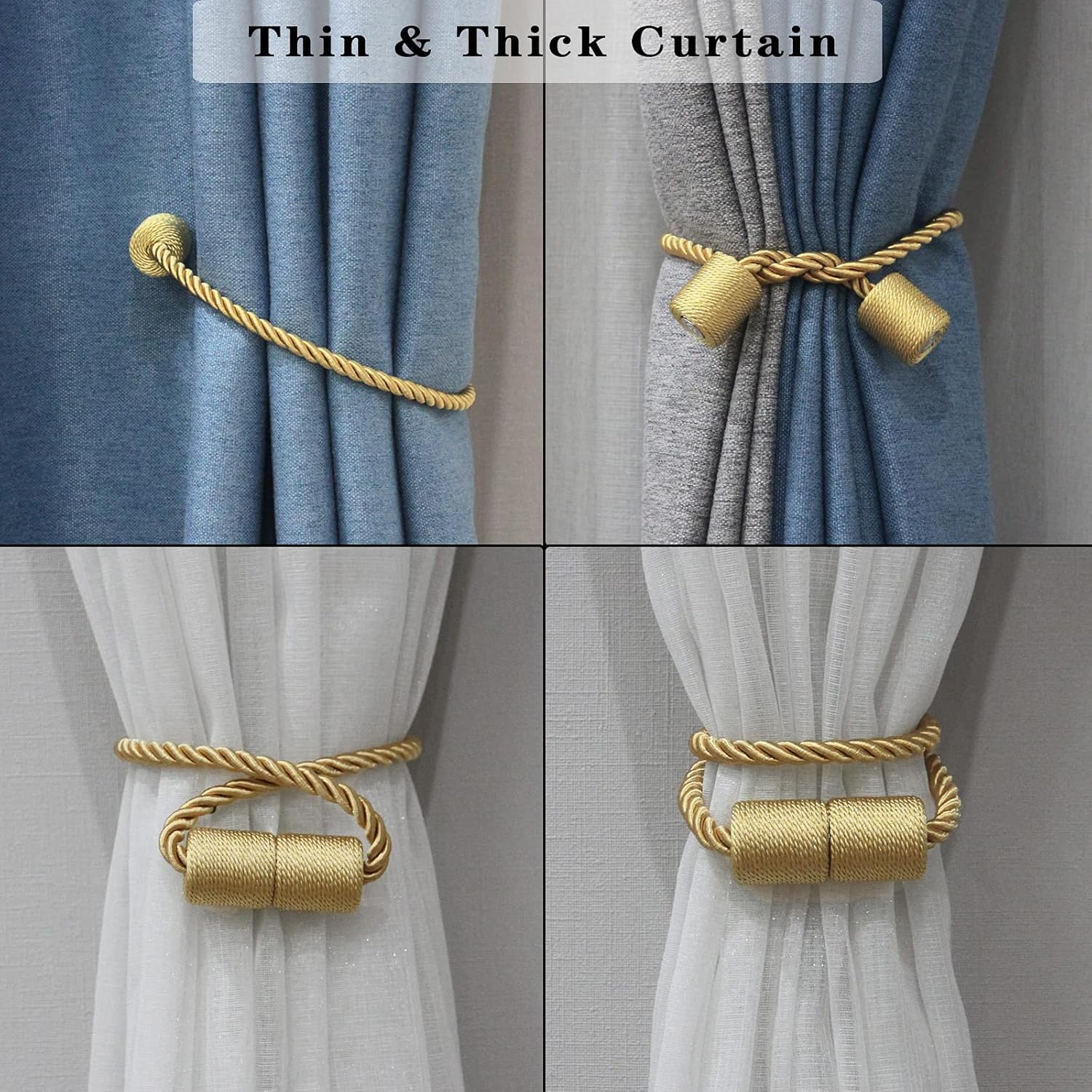 4 Pack Gold Strong Magnetic Curtain Tiebacks Outdoor Elegant Decorative Tie Backs Modern Rope Tiebacks for Drapes Window Curtain Holdbacks for Draperies