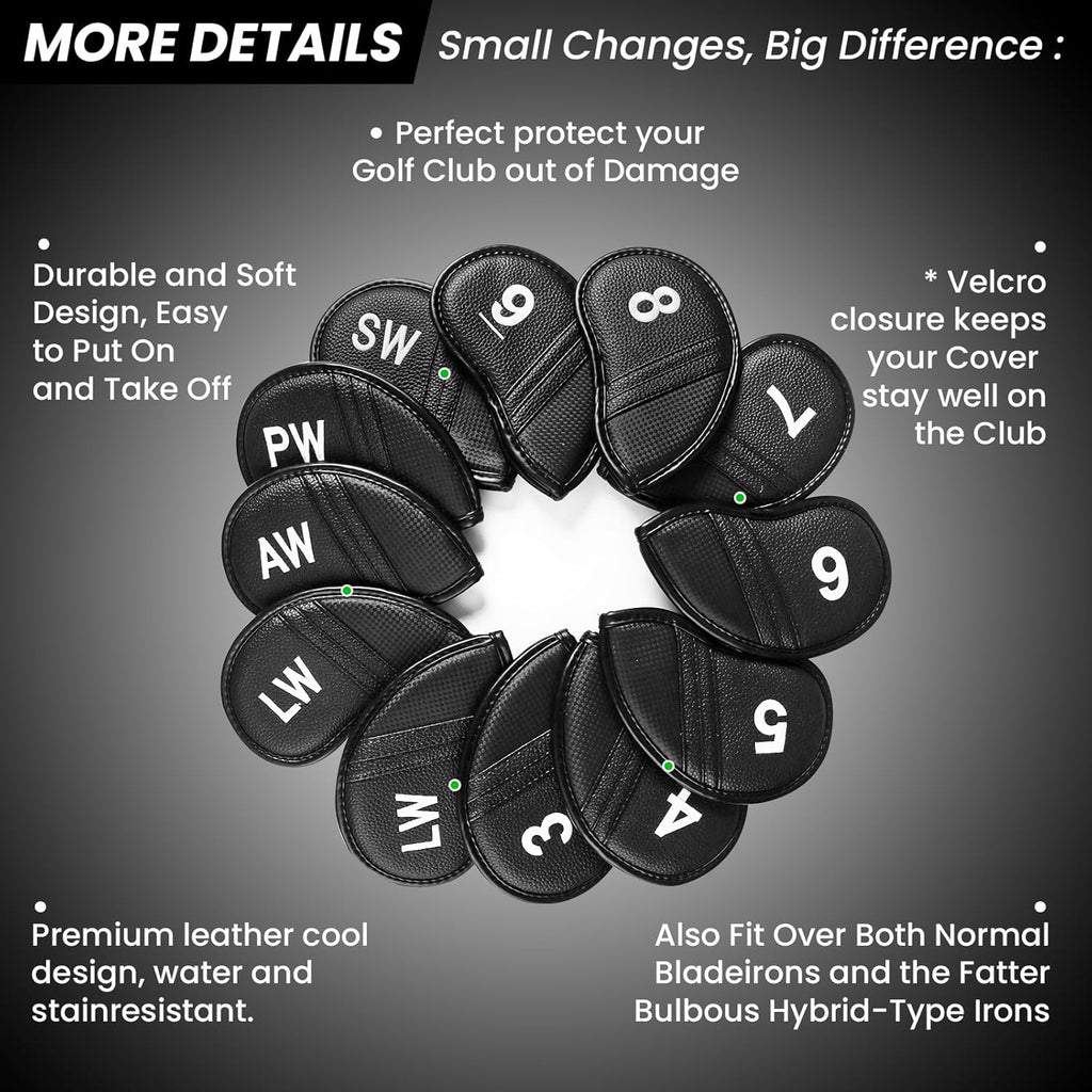 Amy Sport Golf Iron Head Covers Value 12 Pcs Set Thick Synthetic Leather, Protection Weatherproof Club Headcover Fit Universal Main Iron Wedge Golf Clubs for Men Women