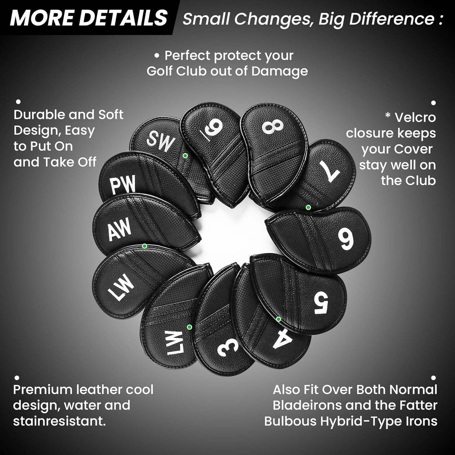 Amy Sport Golf Iron Head Covers Value 12 Pcs Set Thick Synthetic Leather, Protection Weatherproof Club Headcover Fit Universal Main Iron Wedge Golf Clubs for Men Women