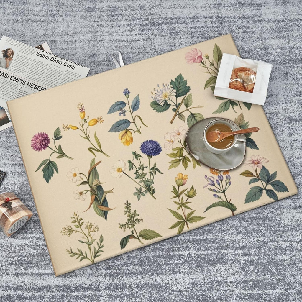 Vintage Plants Herbs Floral Dish Drying Mat Highly Absorbent Double-Sided Microfiber with Hanging Loop Reversible Drain Dish Rack Mat Drain Mat Suitable for Kitchen Countertop Coffee Bar 18 x 24 Inch