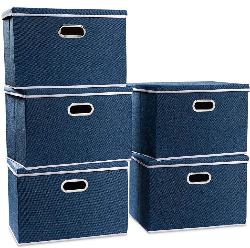 PRANDOM Large Collapsible Storage Bins with Lids [5-Pack] Fabric Foldable Storage Boxes Organizer Containers Baskets Cube with Cover for Home Bedroom Closet Office Royal Blue(17.7x11.8x11.8)