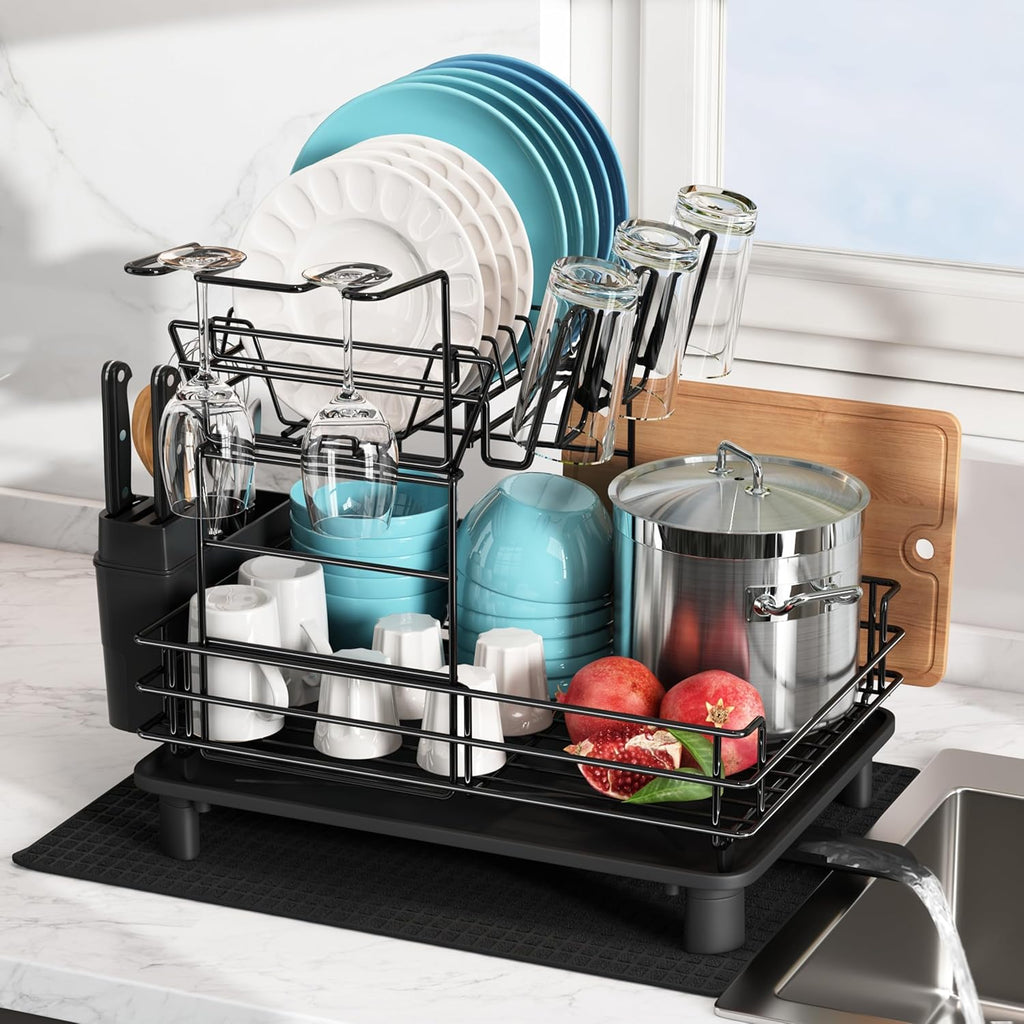 JASIWAY 2 Tier Black Large Stainless Steel Dish Drainers Drying Rack for Kitchen Counter with Drainboard, Rust Proof Metal, Space Saving, Modern Aesthetic, Compact Plates Strainers with Extra Mat