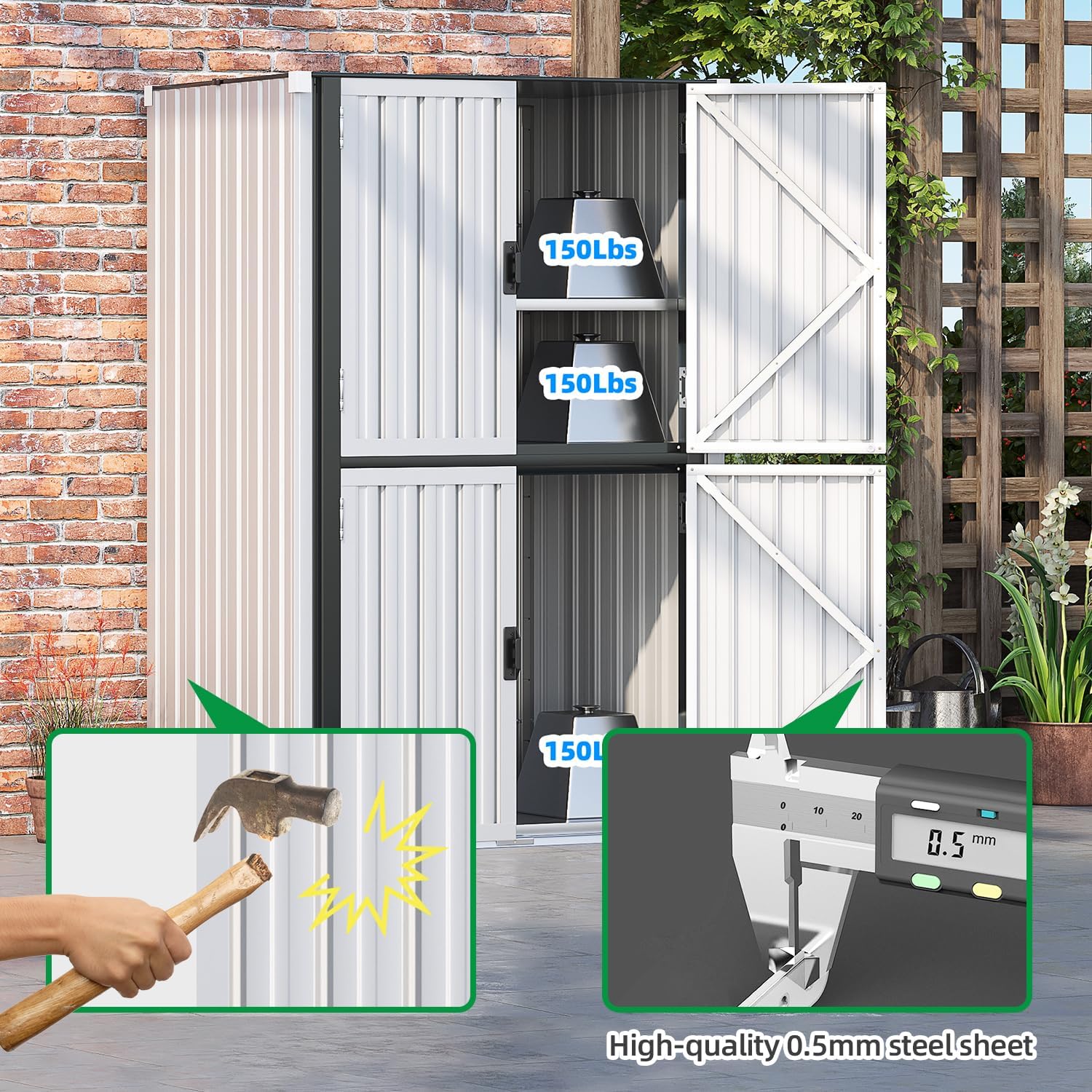 AECOJOY Outdoor Storage Cabinet, Outdoor Cabinets Waterproof with Shelves, Large Lockable Storage Cabinet Metal Vertical Storage Shed Tall Weatherproof Garden Sheds & Outdoor Storage White