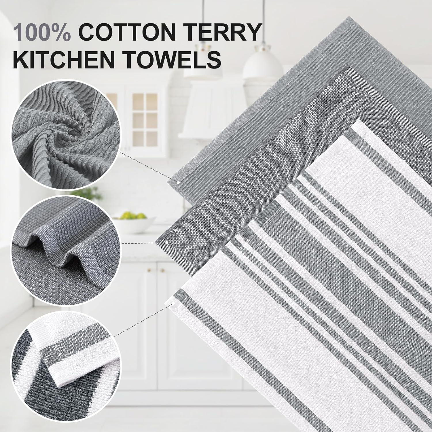Homaxy Premium Kitchen Towels(18”x 28”, 12 Pack), Large Cotton 380 GSM Kitchen Hand Towels, Soft and Absorbent Terry Dish Towels, Multipurpose Tea Towel Set with Hanging Loop, Grey