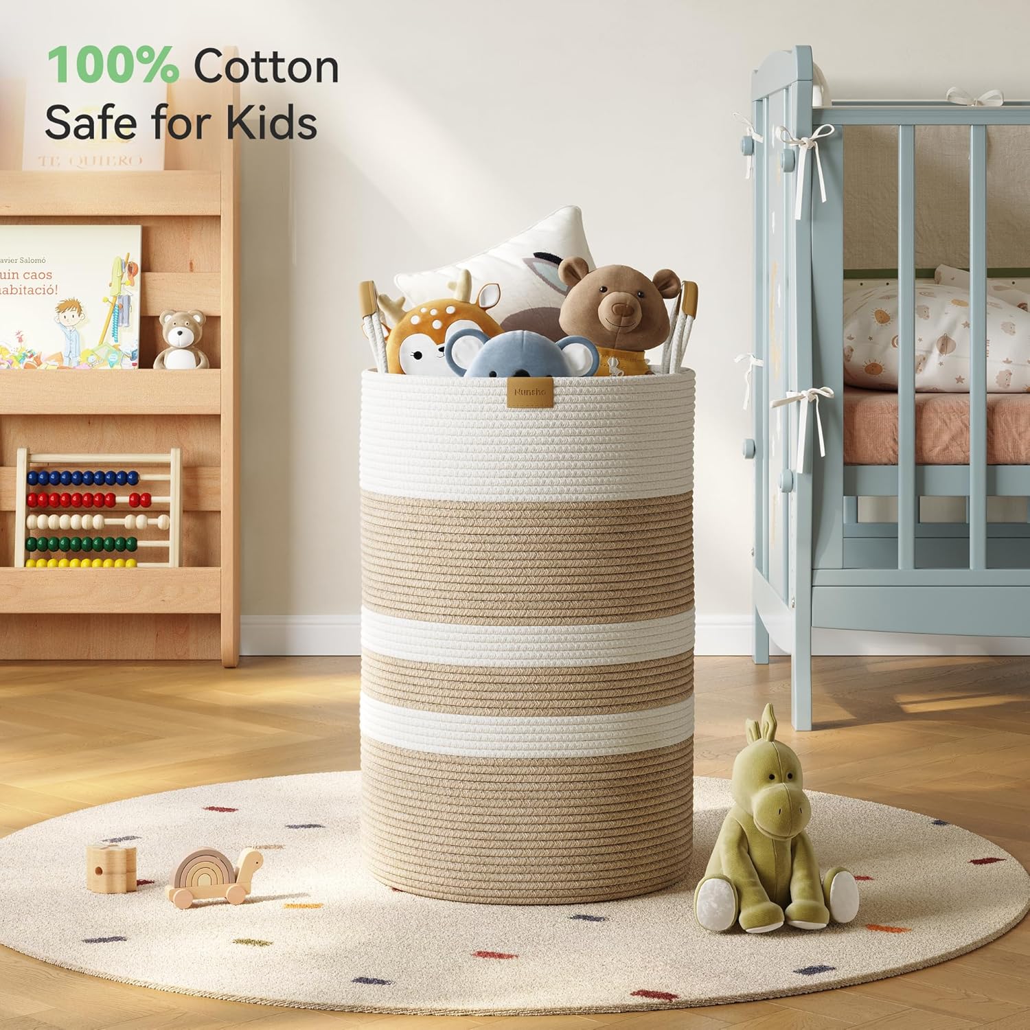 75L Striped Laundry Hamper with Leather Handles,Large Foldable Laundry Basket for Clothes,Cotton Rope Storage Bin for Blankets,Woven Clothes Basket for Bedroom,Beige Stripes