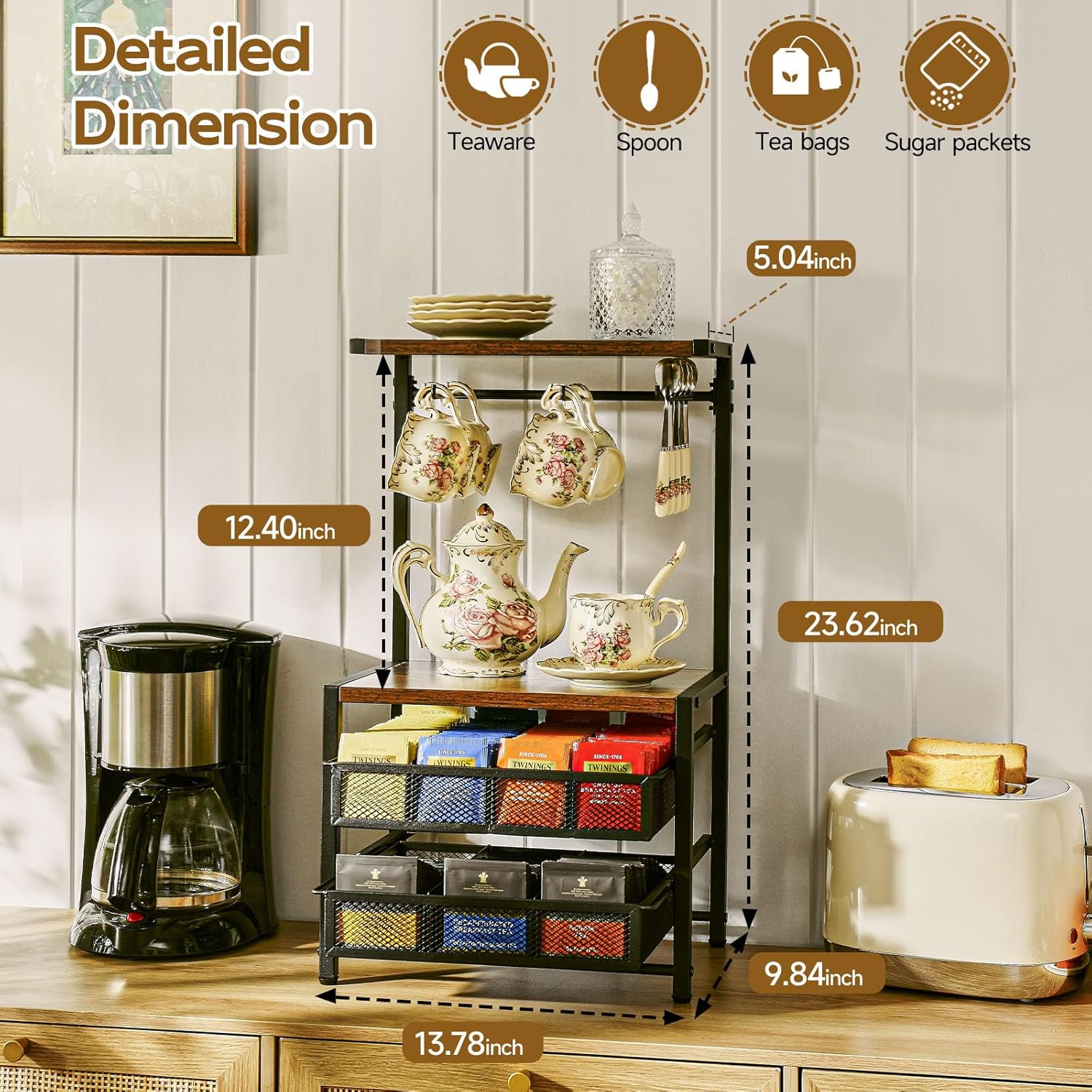Pinzoveco Tea Bag Organizer, Large Tea Organizers and Storage Box,2 Drawers Tea Bags Holder Wood Tea Box Containers Tea Station Chest Display for Kitchen Organizers and Storage, Black