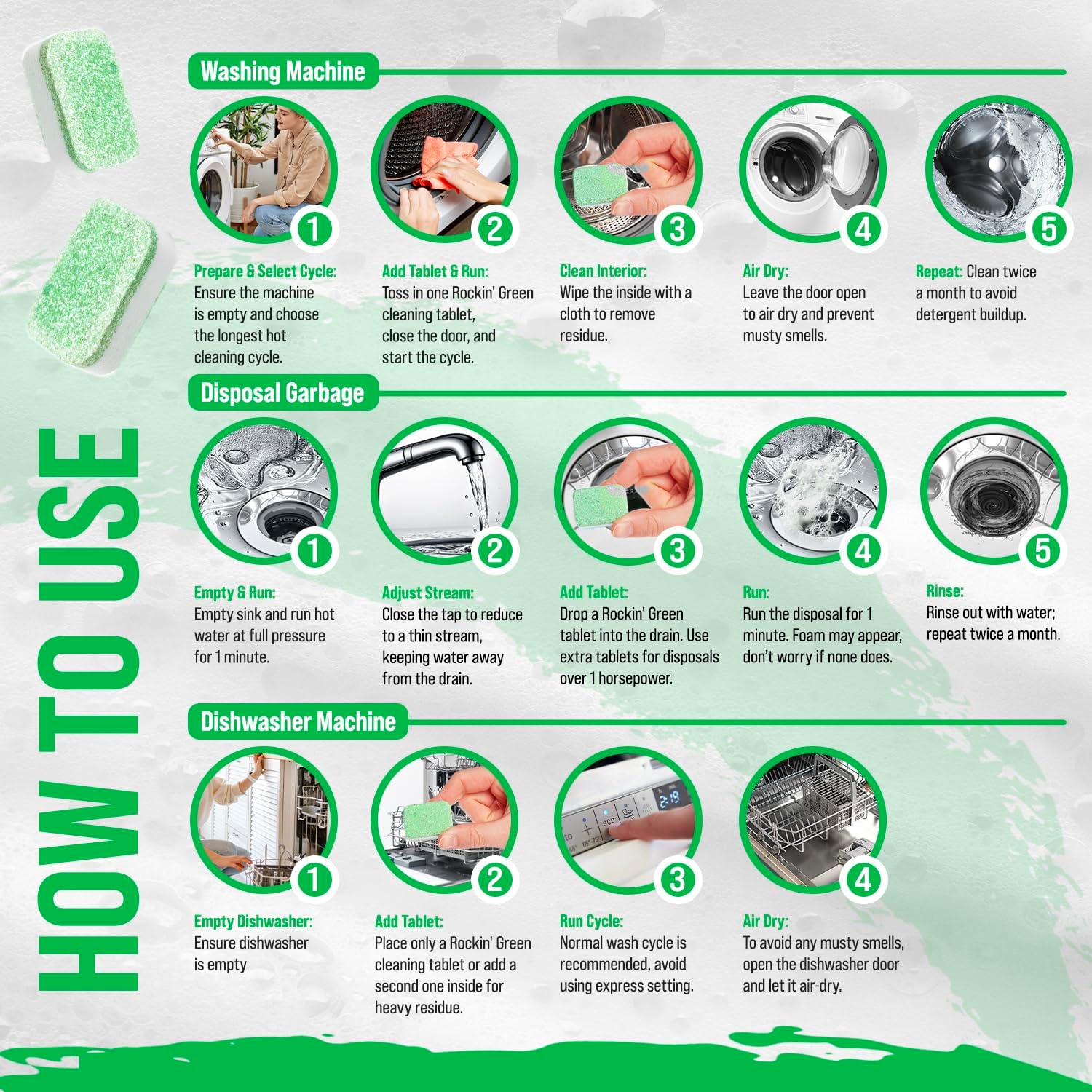 Rockin' Green Deep Cleaning and Deodorizing Tablets for Dishwashers, Washing Machines, and Garbage Disposals, Removes Odor and Residue (Multi-purpose Cleaning Tablets, 24 Pack)