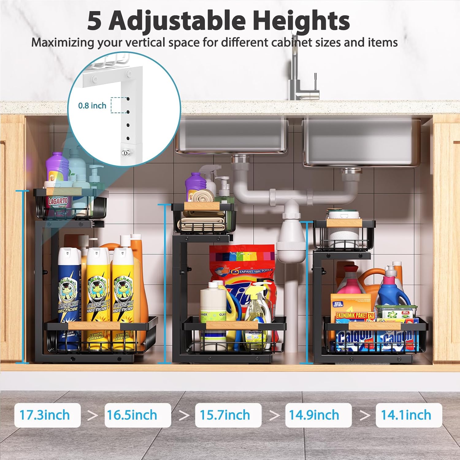 Under Sink Organizer Storage 1 pack, 2 Tier Slide Out Height Adjustable Pull Out Cabinet Organizer Drawers, Kitchen Bathroom Large Capacity Metal Under Sink Rack Caddy Basket Shelves, Black