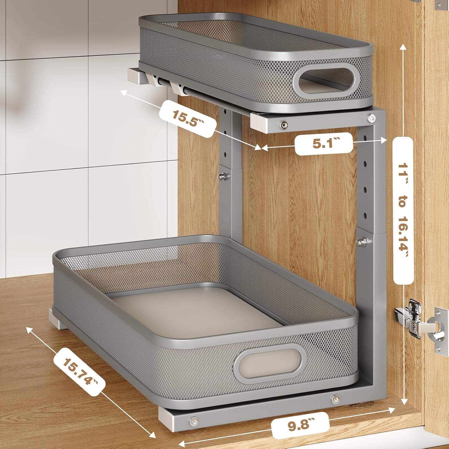 2 Pack 15.7IN-Depth Under Sink Organizer With Smooth Cylindrical Rail,2-Tier Pull Out Multi-Purpose Cabinet Storage for Bathroom&Kitchen,Height Adjustable,Rust-resistant Coating-Gun Gray