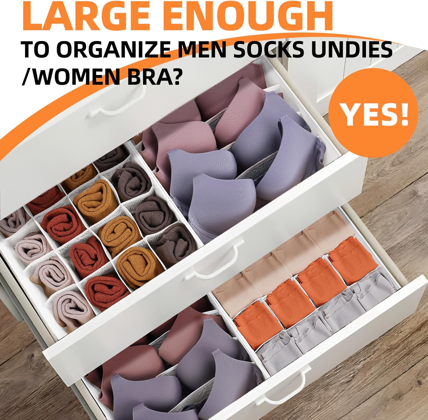 Criusia Drawer Organizer - 6 Set Clothes Organizer for Closet & Bedroom - 90 Cells Bins for Sock, Underwear, Bra, Baby Clothes - Washable & 10xDurable than Non-Woven Fabric (White)