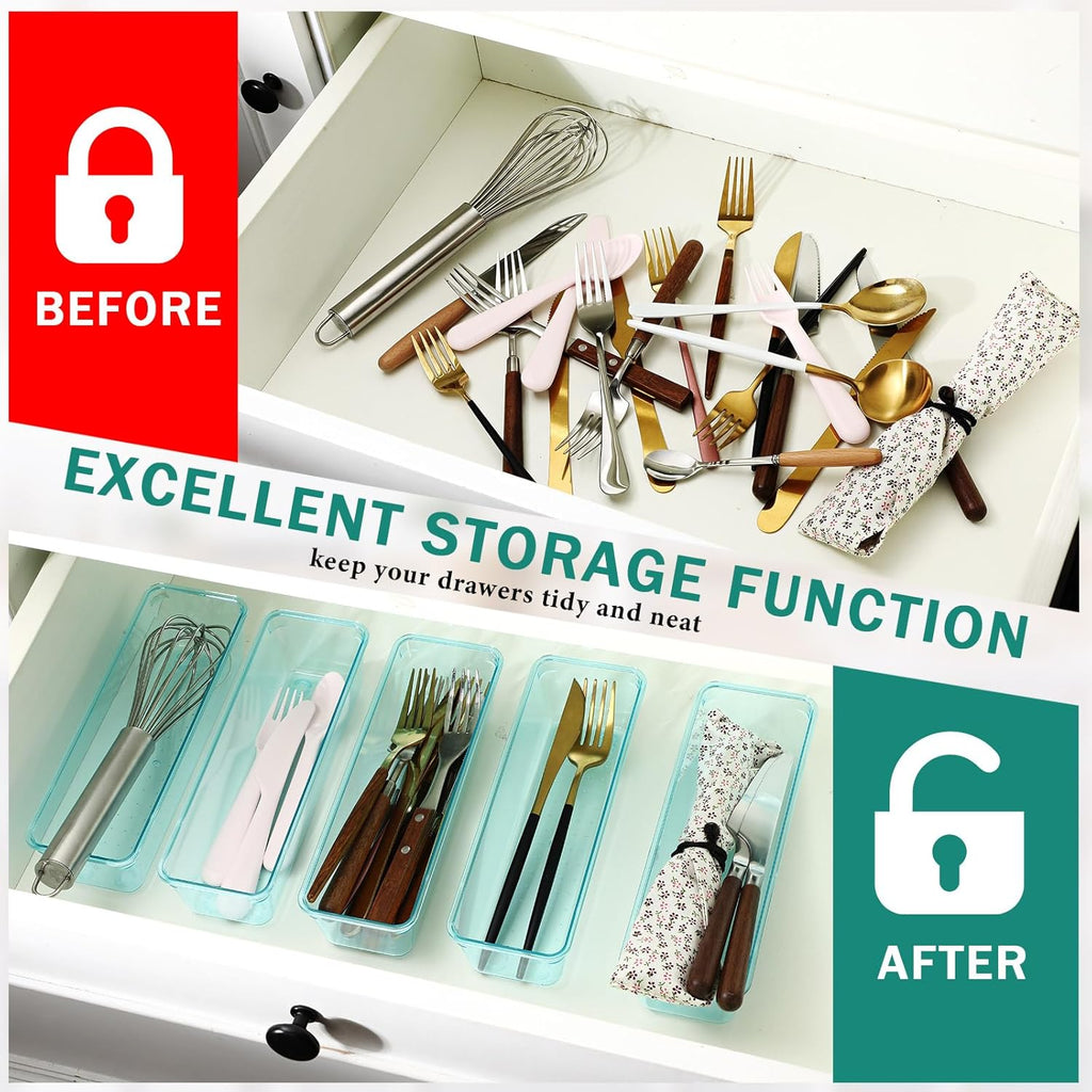 Maitys 12 Pcs Vanity Drawer Organizer 9 x 3 x 2 Inches Clear Plastic Utensil Organizers Kitchen Drawers Dividers for Office Desk Silverware Kitchen Utensils Cosmetics and Bathrooms(Blue)