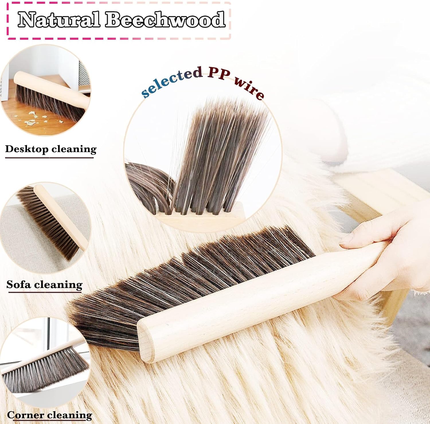 5pcsHand Broom Beech Wood Brush,Dust Brush,Duster for Counter,12inch Foxtail Bench Brush, Round Handle Handheld Brushes,5 Rows Soft Bristles for Bed,Shop Table,Woodworking Cleaning,Car,Sofa,Furniture