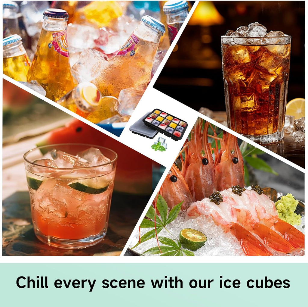 Tvmania Ice Cube Trays Set of 2, Easy Release 15 Flexible Silicone Ice Cube Molds with Removable Lid Reusable Freezer Ice Trays Stackable for Whiskey, Baby Food, BPA Free (black)