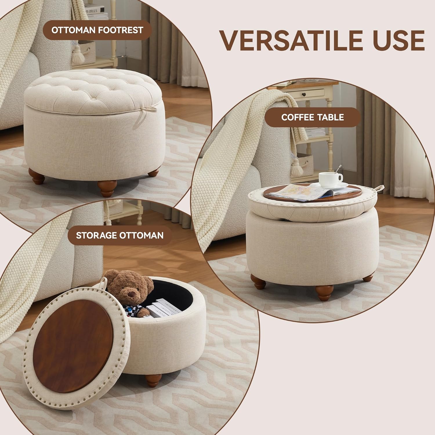 24Inch Round Storage Ottoman with Tray, Modern Tufted Fabric Circle Coffee Table with Storage, Upholstered Ottoman with Removable Top for Living Room, Bedroom, Khaki